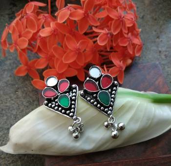 Multicolored Glass Ear Studs With German Silver Hangings 1