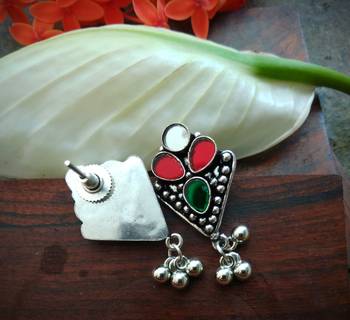 Multicolored Glass Ear Studs With German Silver Hangings 2