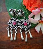 Pink Stone Centre And Pearl Studs German Silver Earrings