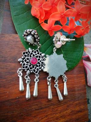 Pink Stone Centre And Pearl Studs German Silver Earrings 2
