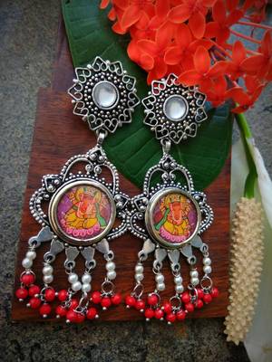 Long Ganpati Photoframe German Silver Dangler With White & Red Hangings 1
