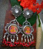 Long Ganpati Photoframe German Silver Dangler With White & Red Hangings