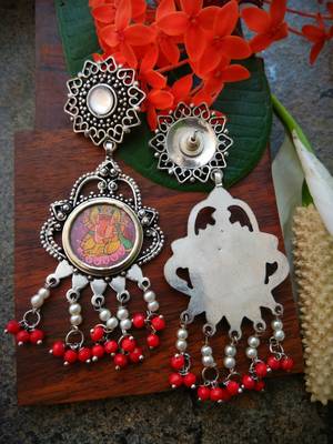 Long Ganpati Photoframe German Silver Dangler With White & Red Hangings 2