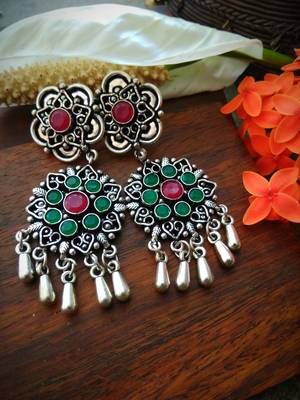 Green & Pink Kundan Stone German Silver Earrings 1