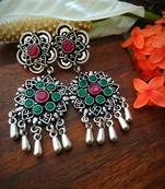 Green & Pink Kundan Stone German Silver Earrings