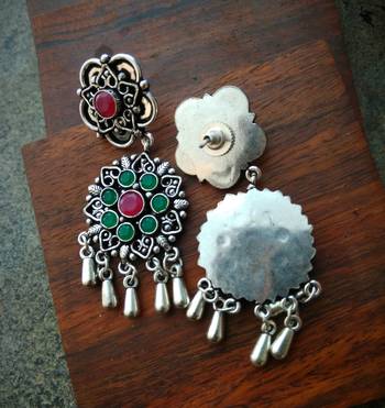 Green & Pink Kundan Stone German Silver Earrings 2