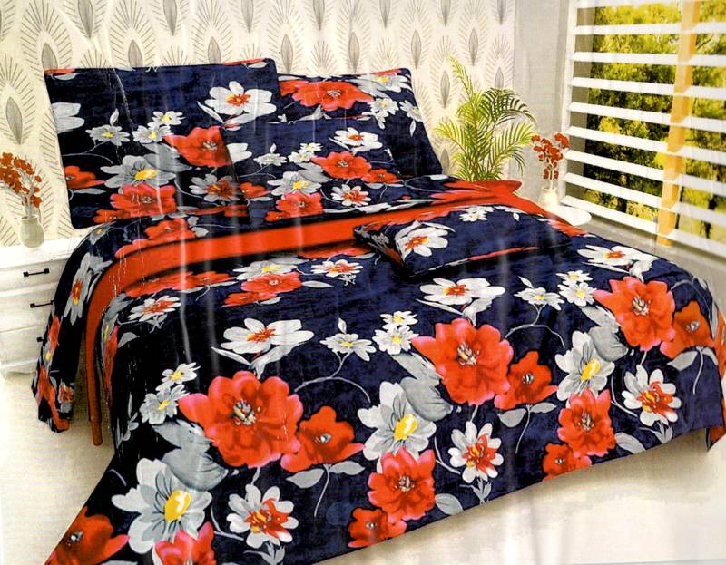 Blue floral printed cotton double bed sheet with two pillow cover YMV
