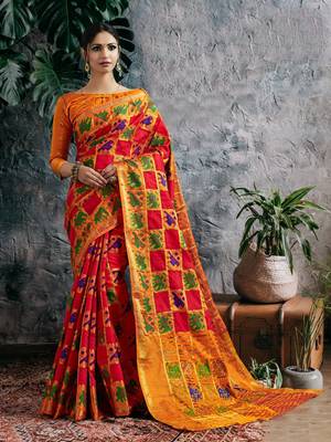 Red Woven Polycotton Saree With Blouse 1