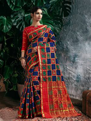Navy Blue Woven Polycotton Saree With Blouse 1