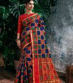 Navy Blue Woven Polycotton Saree With Blouse