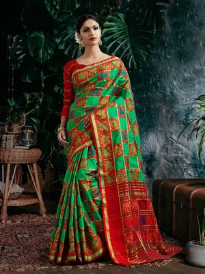 Green Woven Polycotton Saree With Blouse 1