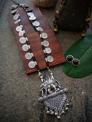 Long Elephant Pendant Coin Beaded Necklace Interlaced With Black Stone Beads & Matching Earring 1