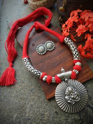 Ganpati Pendant Red Tassle Necklace With Matching Ganpati Earings In German Silver 1