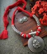 Ganpati Pendant Red Tassle Necklace With Matching Ganpati Earings In German Silver