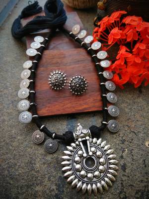 Black Tassle Sunflower Pendant Coin Interlaced Necklace With German Silver Studs 1