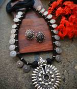 Black Tassle Sunflower Pendant Coin Interlaced Necklace With German Silver Studs