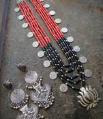 5 Layered Lotus Pendant Red& Black Stone Beaded Necklace Set  With Long Danglers