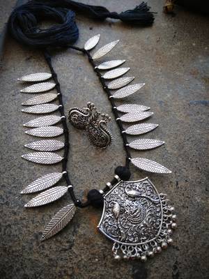Black Tassle Geman Silver Pendant & Leaf Beaded Necklace Set With Peacock Earrings 1