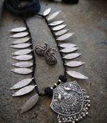 Black Tassle Geman Silver Pendant & Leaf Beaded Necklace Set With Peacock Earrings