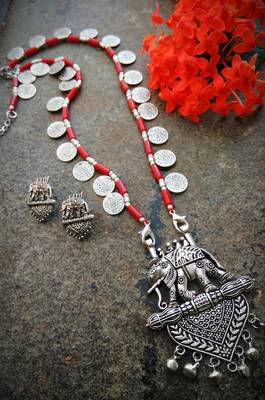 Long Elephant Pendant Coin Beaded Necklace Interlaced With Red Stone Beads & Matching Earring 1