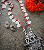Long Elephant Pendant Coin Beaded Necklace Interlaced With Red Stone Beads & Matching Earring