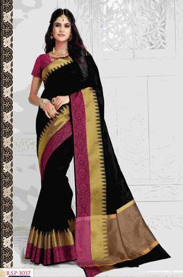 Black embroidered dupion silk saree with blouse 1
