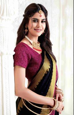 Black embroidered dupion silk saree with blouse 3