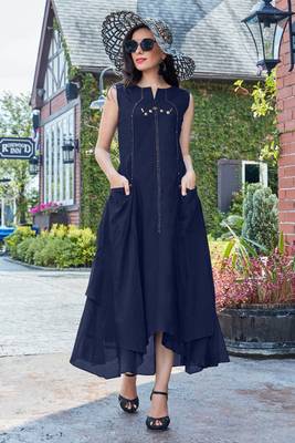 Navy Blue Cotton Fancy Designer Kurtis 1