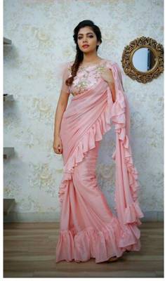   baby pink embroidered silk saree with blouse 1