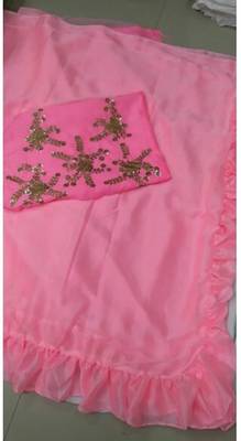   baby pink embroidered silk saree with blouse 2
