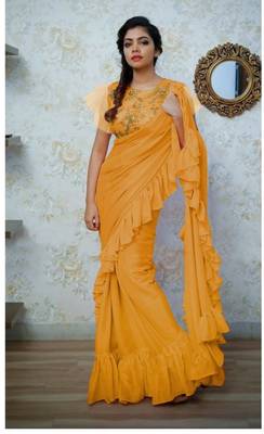   yellow embroidered silk saree with blouse 1