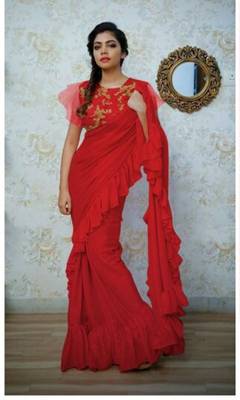   red embroidered silk saree with blouse 1