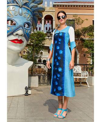 Blue Poly Linen Fancy Designer Kurtis 1