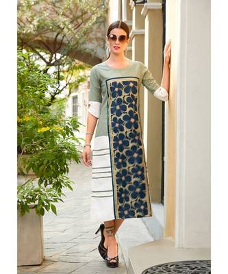 Light Green and White Poly Linen Fancy Designer Kurtis 1