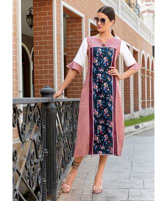Pink and Navy Blue Poly Linen Fancy Designer Kurtis 1