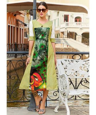 Green Poly Linen Fancy Designer Kurtis 1