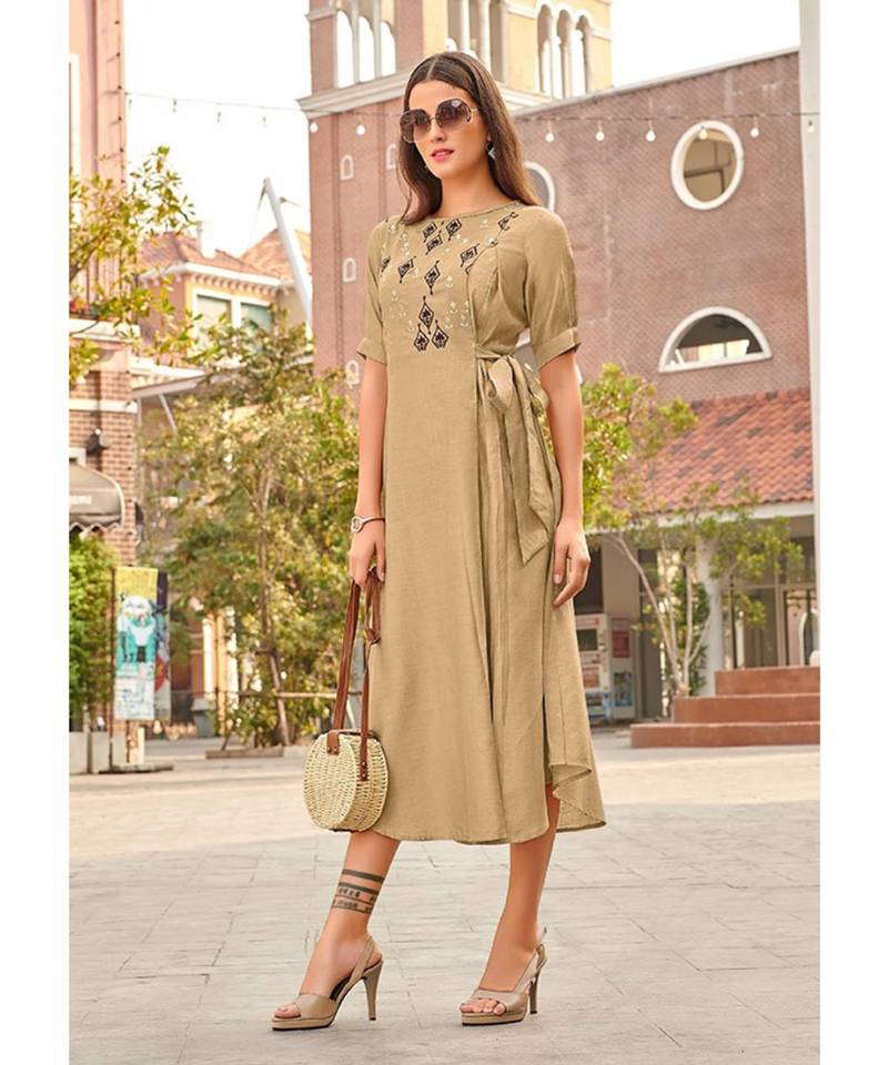 Beige Cotton Fancy Designer Kurtis