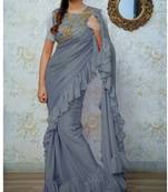  grey embroidered silk saree with blouse