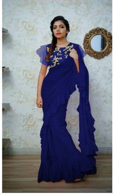   blue embroidered silk saree with blouse 1