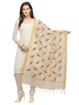 Beige Cotton Silk Embroidered Womens Dupatta 1