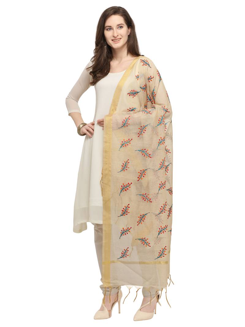 Beige Cotton Silk Embroidered Womens Dupatta