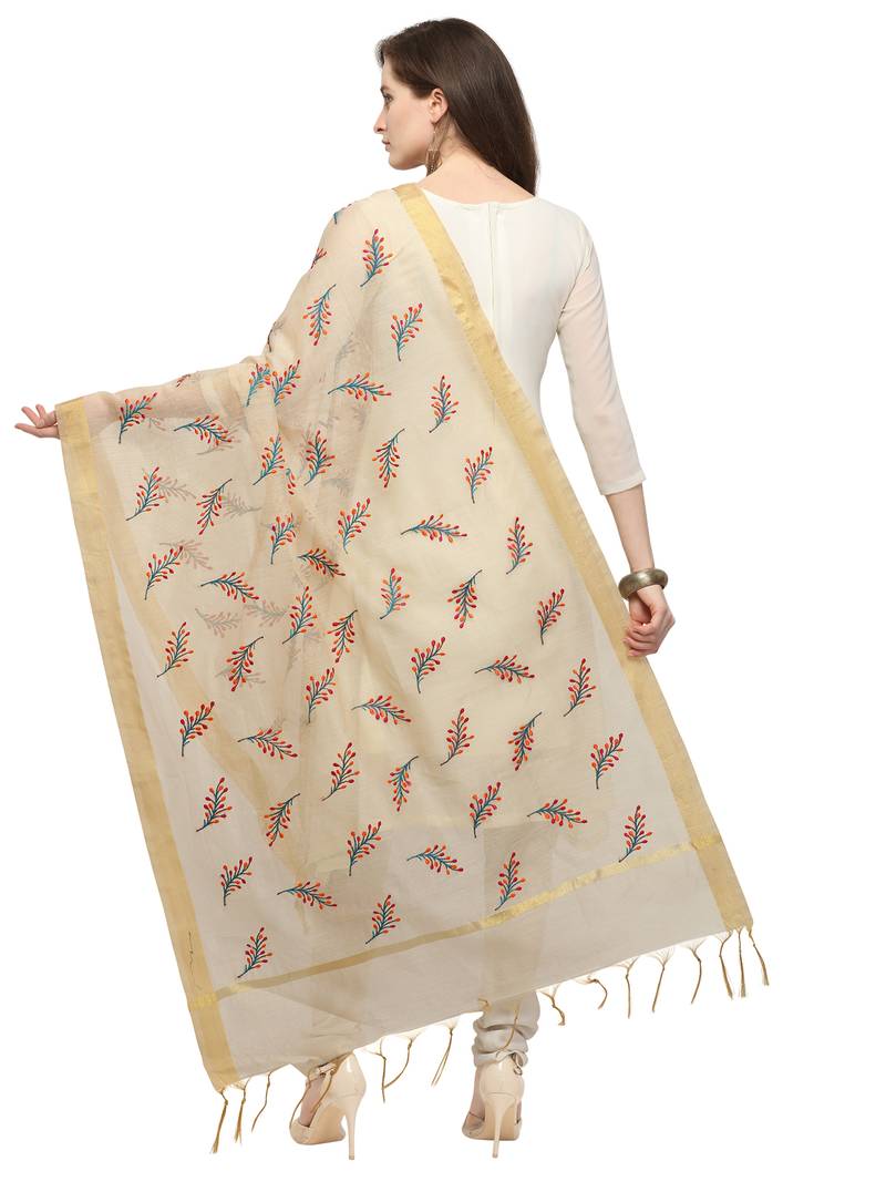 Beige Cotton Silk Embroidered Womens Dupatta