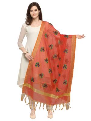 Orange Cotton Silk Embroidered Womens Dupatta 1