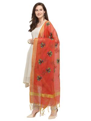 Orange Cotton Silk Embroidered Womens Dupatta 2