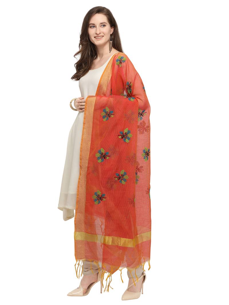 Orange Cotton Silk Embroidered Womens Dupatta