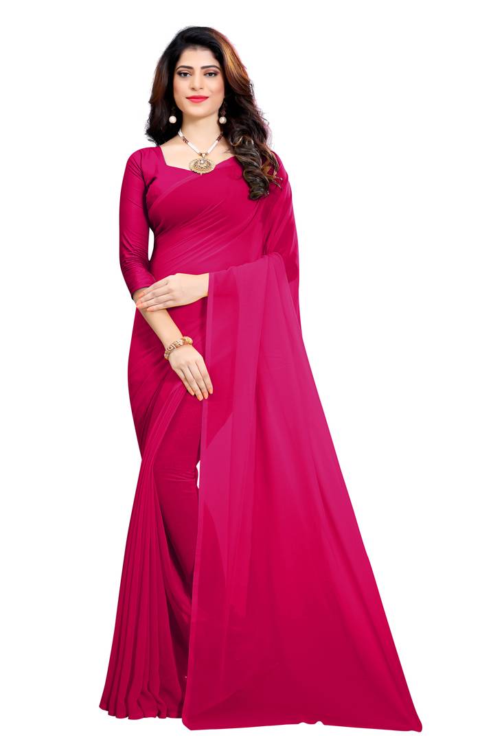 Dark pink plain faux georgette saree with blouse