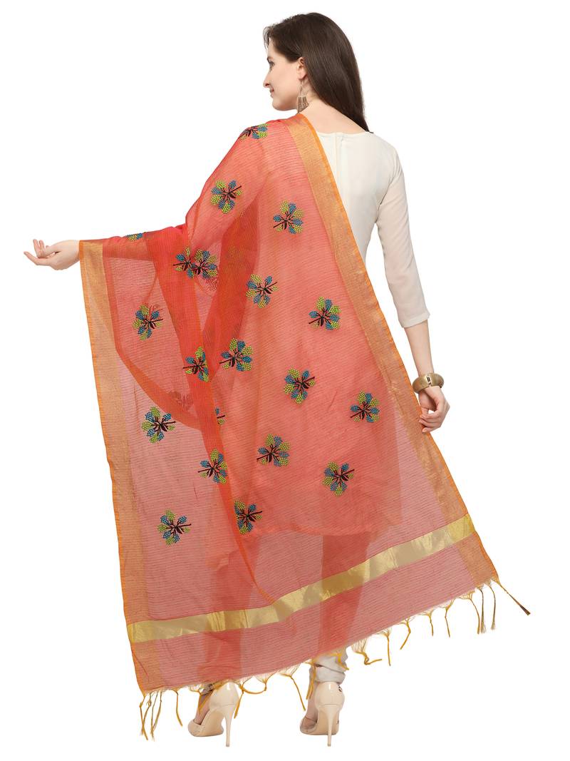 Orange Cotton Silk Embroidered Womens Dupatta