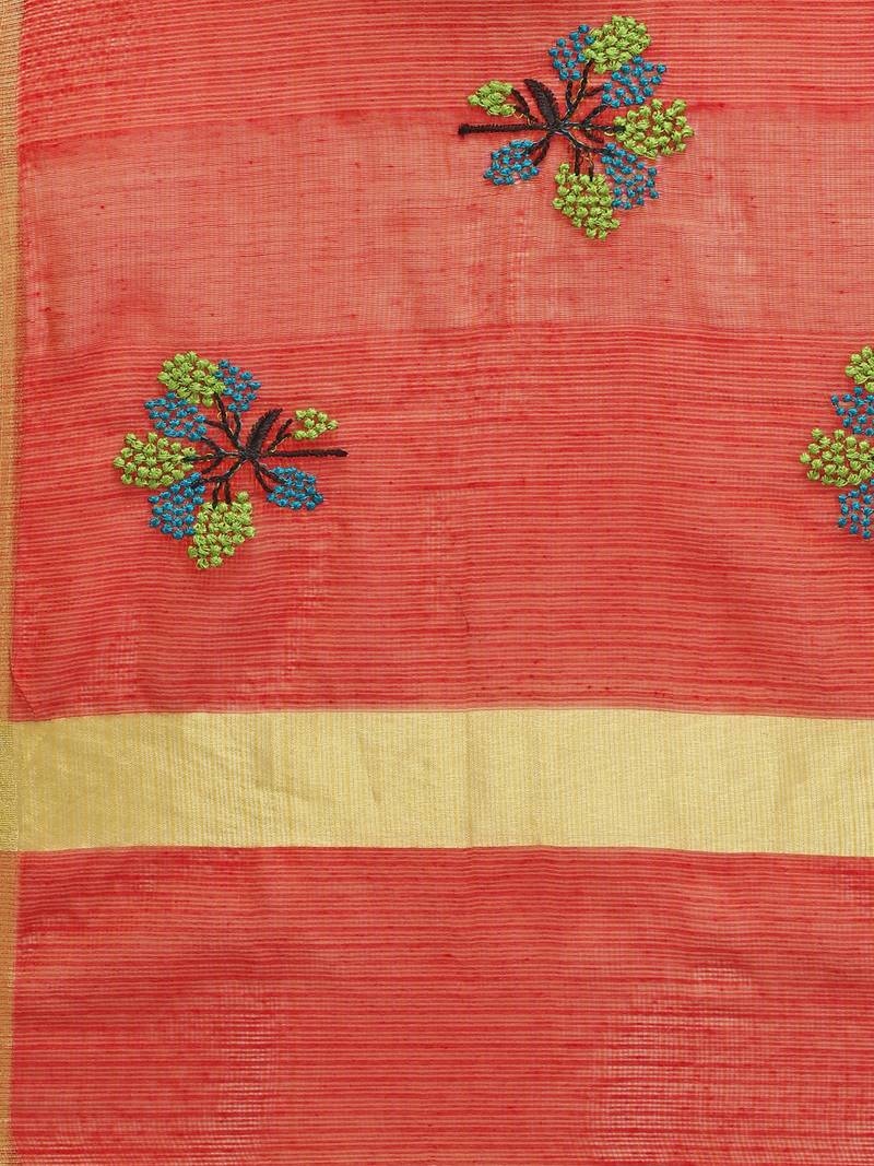 Orange Cotton Silk Embroidered Womens Dupatta