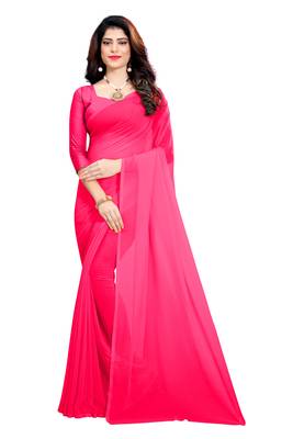 Pink plain faux georgette saree with blouse 1
