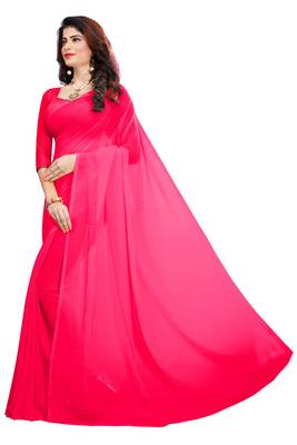 Pink plain faux georgette saree with blouse 2